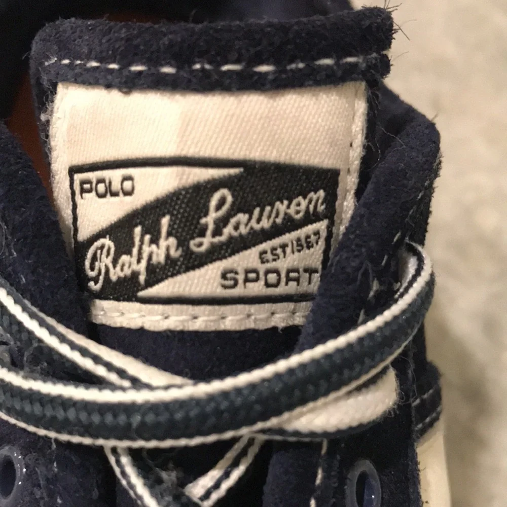 Vintage Polo Ralph‎ Lauren Sport Sneakers Mens 7.5 Navy Blue White Leather Retro